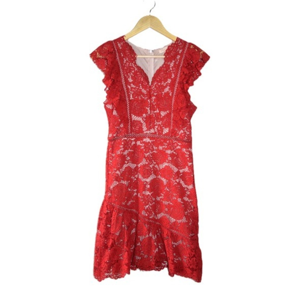 Lace Dress Women Small Red Excellent Flutter Sleeve Tiered Ruffle Mini